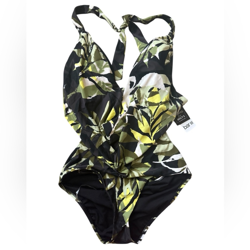Bar III Black and Green Tropical Print One-Piece Swimsuit